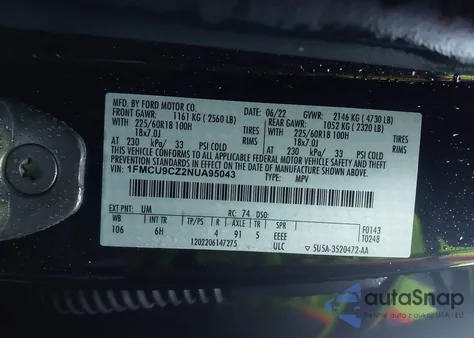 2022 Ford Escape Sel Hybrid из США, поврежденный, VIN 1FMCU9CZ2NUA95043